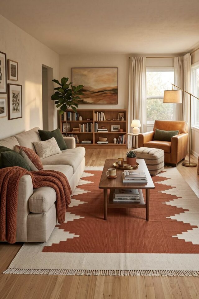salon cocooning moderne avec canapé beige grand tapis écru et terracotta petite bibliothèque fauteuil en cuire lampadaire salon cocooning moderne avec canapé beige grand tapis écru et terracotta petite bibliothèque fauteuil en cuire lampadaire