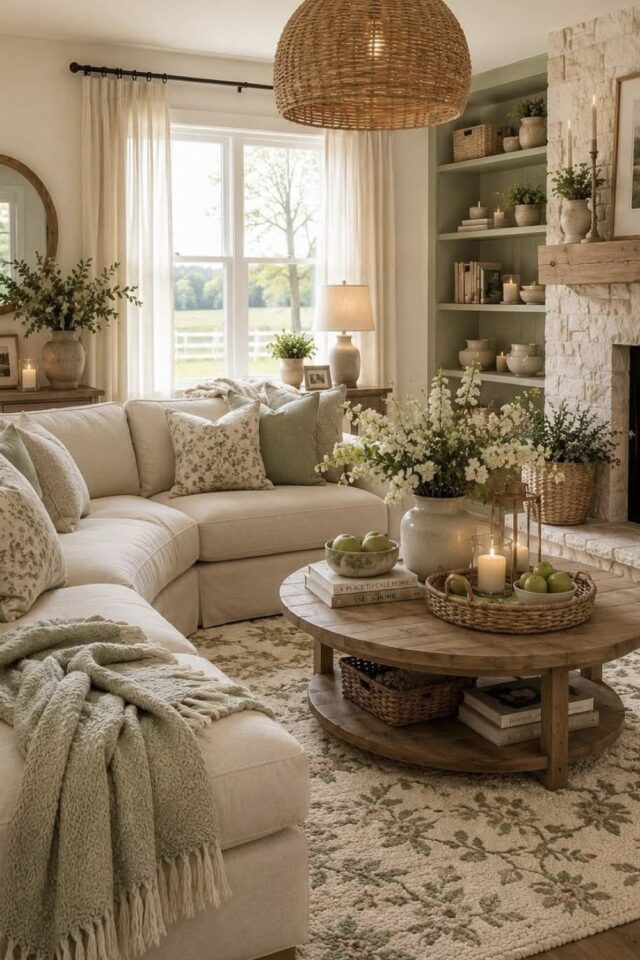 salon familial avec canapé d'angle beige tapis fleur table basse ronde en bois atmosphère cocooning campagne salon familial avec canapé d'angle beige tapis fleur table basse ronde en bois atmosphère cocooning campagne