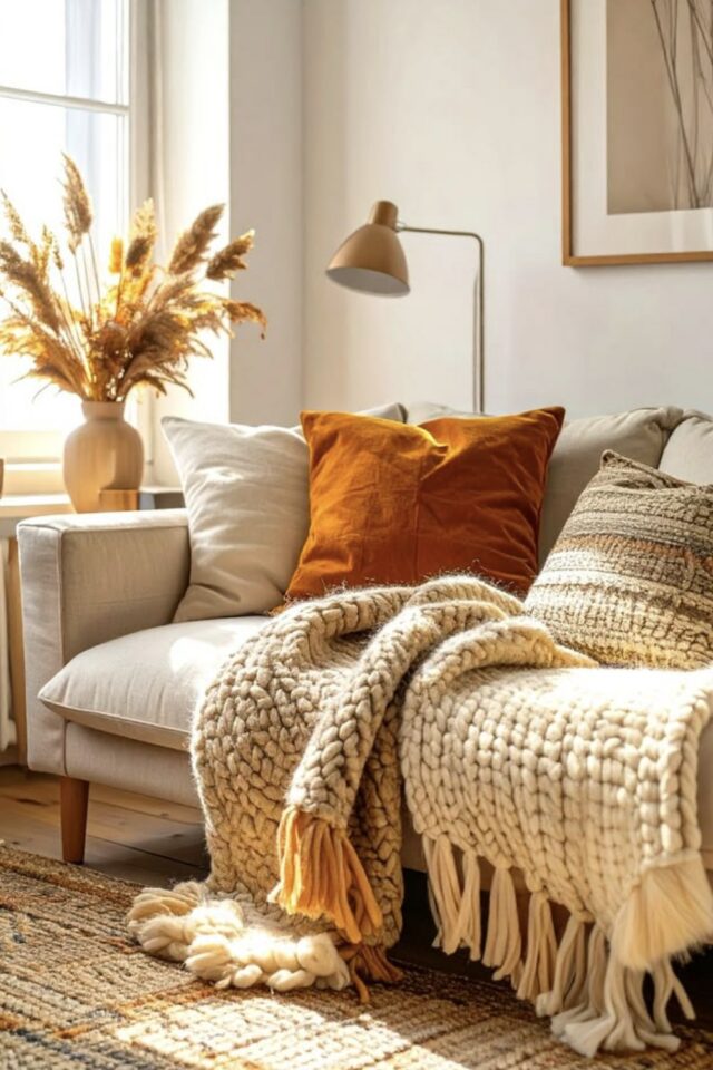décoration de salon esprit cocooning canapé beige coussins en velours et plaid en laine décoration de salon esprit cocooning canapé beige coussins en velours et plaid en laine
