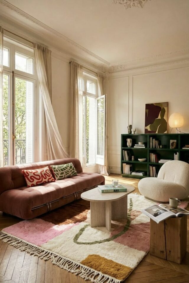 salon séjour moderne canapé rose tapis fauteuil bouclette table basse en bois salon séjour moderne canapé rose tapis fauteuil bouclette table basse en bois