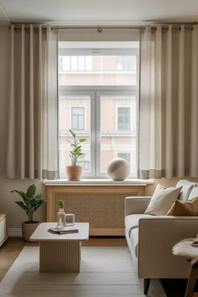 rideau fenêtre salon d'appartement textile fluide et beige rideau fenêtre salon d'appartement textile fluide et beige