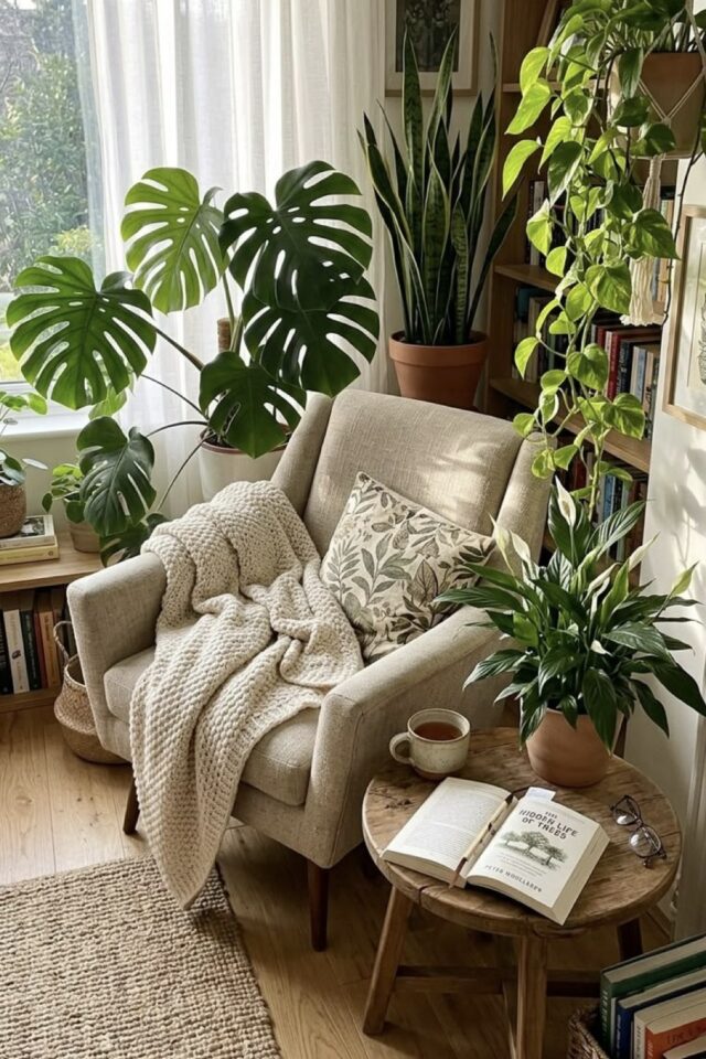 coin lecture salon cosy fauteuil beige plantes vertes petit bout de canapé bois coin lecture salon cosy fauteuil beige plantes vertes petit bout de canapé bois