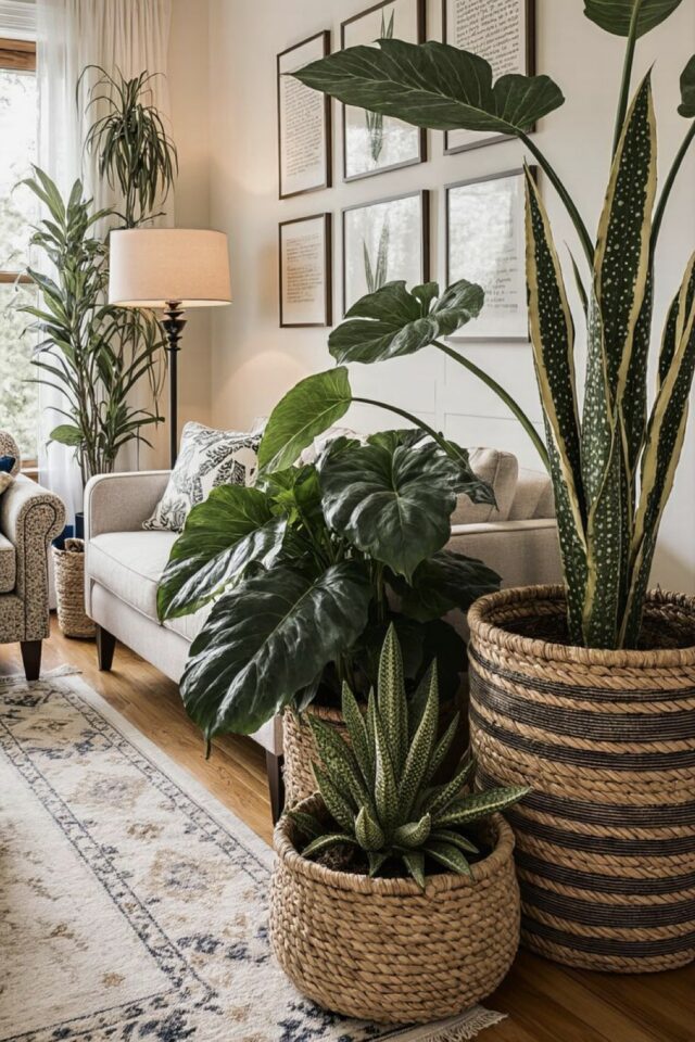 plante verte salon cosy beige canapé droit cadres au mur tapis harmonieux plante verte salon cosy beige canapé droit cadres au mur tapis harmonieux
