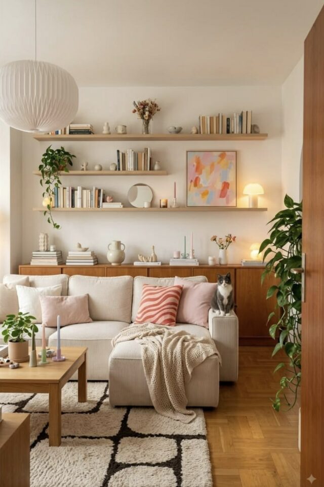 salon familial moderne et cosy canapé d'angle écru coussins rose décoration personnelle au mur livres cadres miroir salon familial moderne et cosy canapé d'angle écru coussins rose décoration personnelle au mur livres cadres miroir