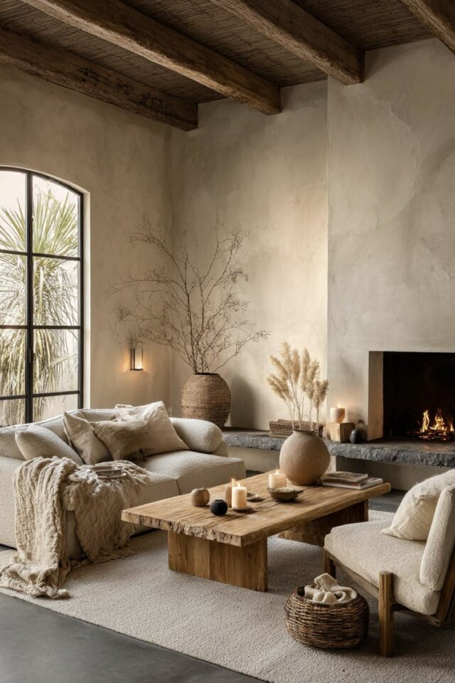 salon cocooning et wabi sabi ambiance épurée mur beige table basse en bois grand tapis cheminée salon cocooning et wabi sabi ambiance épurée mur beige table basse en bois grand tapis cheminée