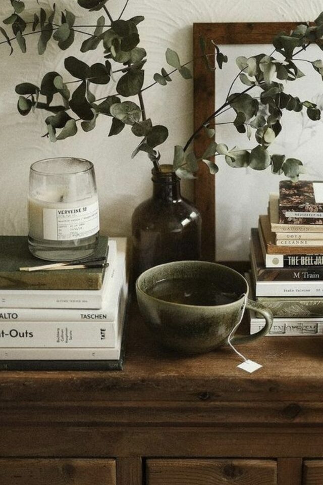 détail décoratif ambiance cocooning nature bougie plante eucalyptus tasse de thé verte piles de livres détail décoratif ambiance cocooning nature bougie plante eucalyptus tasse de thé verte piles de livres