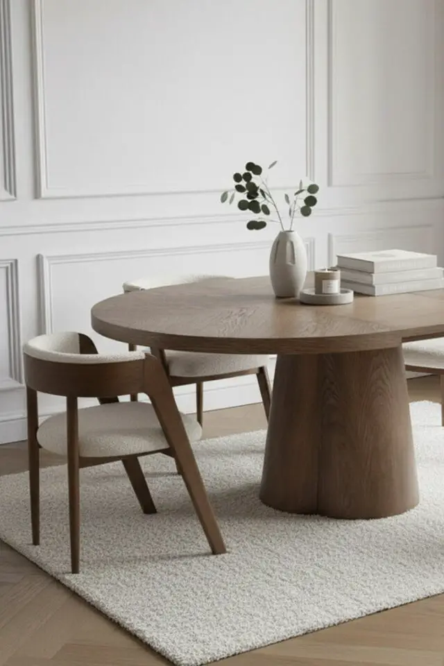 table ronde à rallonge en bois décoration salle à manger chaleureuse et conviviale fauteuil arrondi beige et bois 