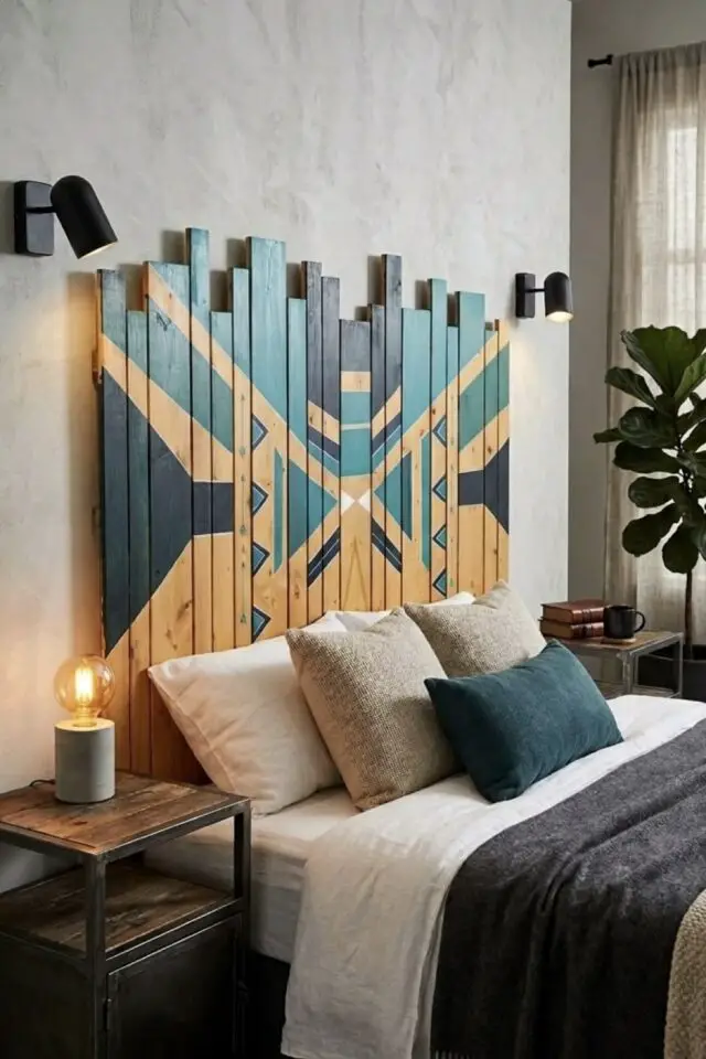 tête de lit en palette peinture motif ethnique noir et bleu idée récup et DIY originale chambre parentale tête de lit en palette peinture motif ethnique noir et bleu idée récup et DIY originale chambre parentale