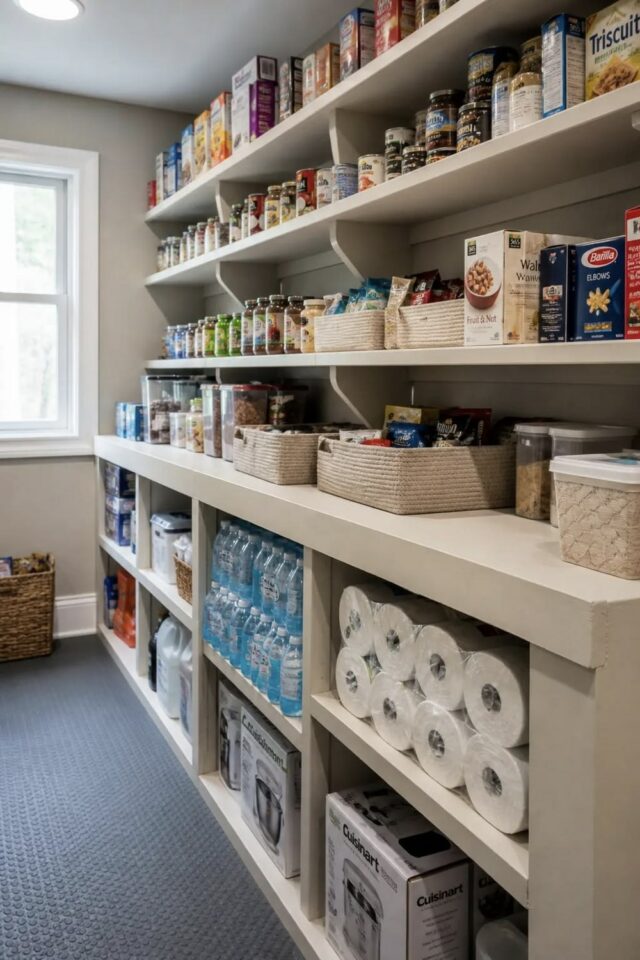 transformer garage en arrière cuisine meuble simple et fonctionnel avec étagères au dessus rangement gros volumes et boites de conserve 