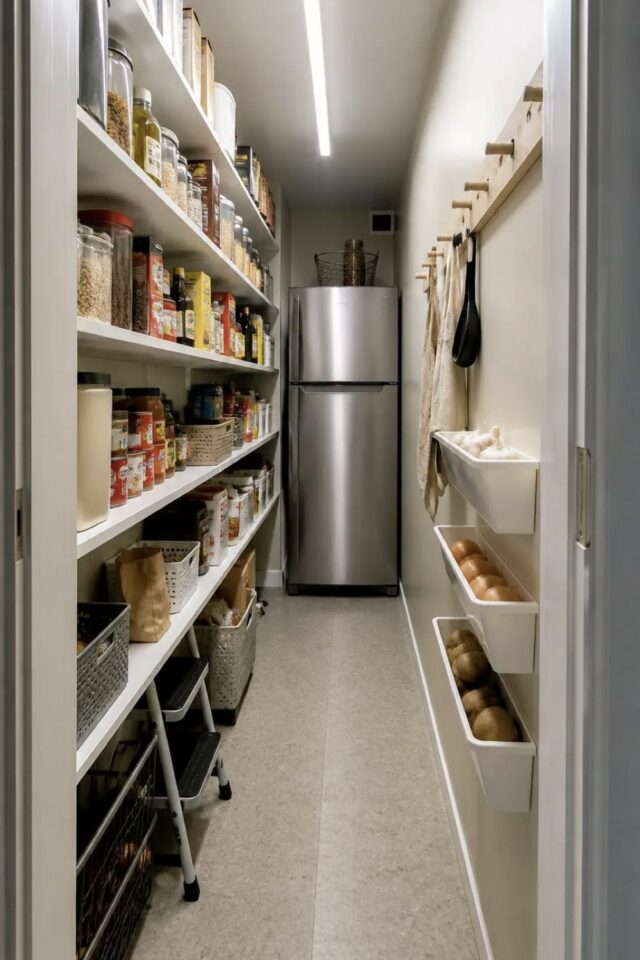 aménagement arrière-cuisine en couloir espace tout en longueur étagères sur un pan de mur et frigo dans le fond 