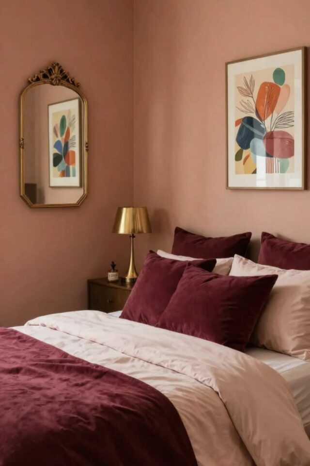chambre avec les murs peint en rose poudré parure de lit bicolore rose et bordeaux miroir ancien en laiton affiche moderne encadrée au dessus du lit 