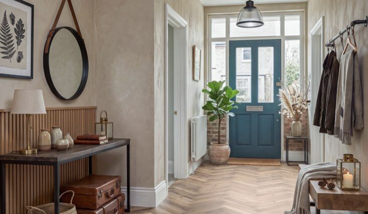 entrée de maison plus claire mur beige papier peint soubassement bois tasseaux porte bleue