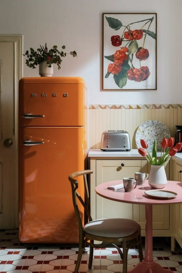 décoration de cuisine frigo smeg orange meuble jaune beurre table ronde rose ambiance vintage décoration de cuisine frigo smeg orange meuble jaune beurre table ronde rose ambiance vintage