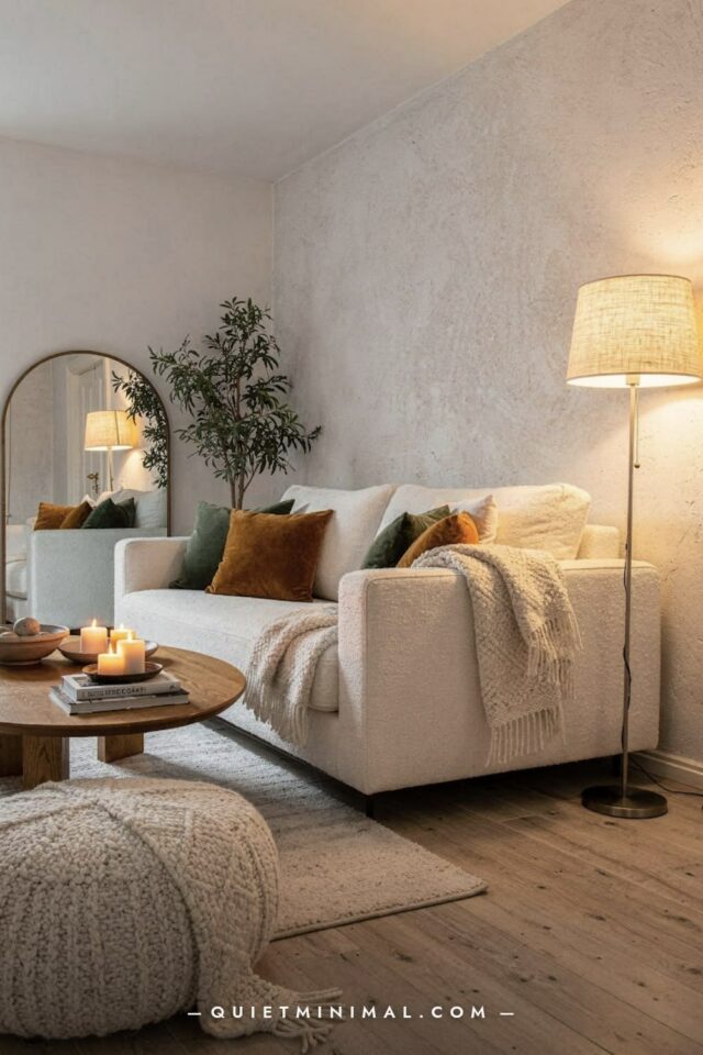 salon moderne mur blanc cassé avec canapé droit plaid coussin et éclairage feutré salon moderne mur blanc cassé avec canapé droit plaid coussin et éclairage feutré
