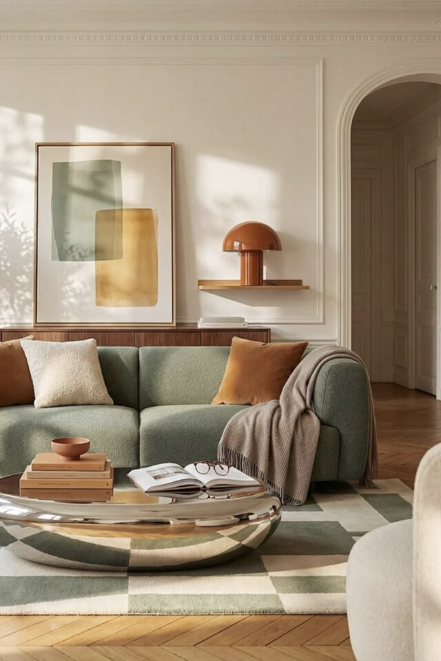 petit salon moderne plus chaleureux grâce au tapis coussin plaid et lampe à poser palette de couleur terreuse et organique petit salon moderne plus chaleureux grâce au tapis coussin plaid et lampe à poser palette de couleur terreuse et organique