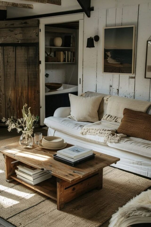 salon rustique chaleureux canapé blanc table basse en bois coussin couleur neutre chaud salon rustique chaleureux canapé blanc table basse en bois coussin couleur neutre chaud