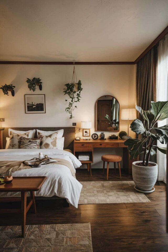 chambre adulte chaleureuse avec descente de lit coiffeuse en bois et quelques plantes chambre adulte chaleureuse avec descente de lit coiffeuse en bois et quelques plantes