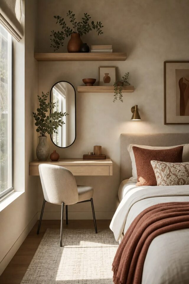 chambre adulte moderne avec mur beige bureau mural en bois clair étagères linge de lit terracotta chambre adulte moderne avec mur beige bureau mural en bois clair étagères linge de lit terracotta
