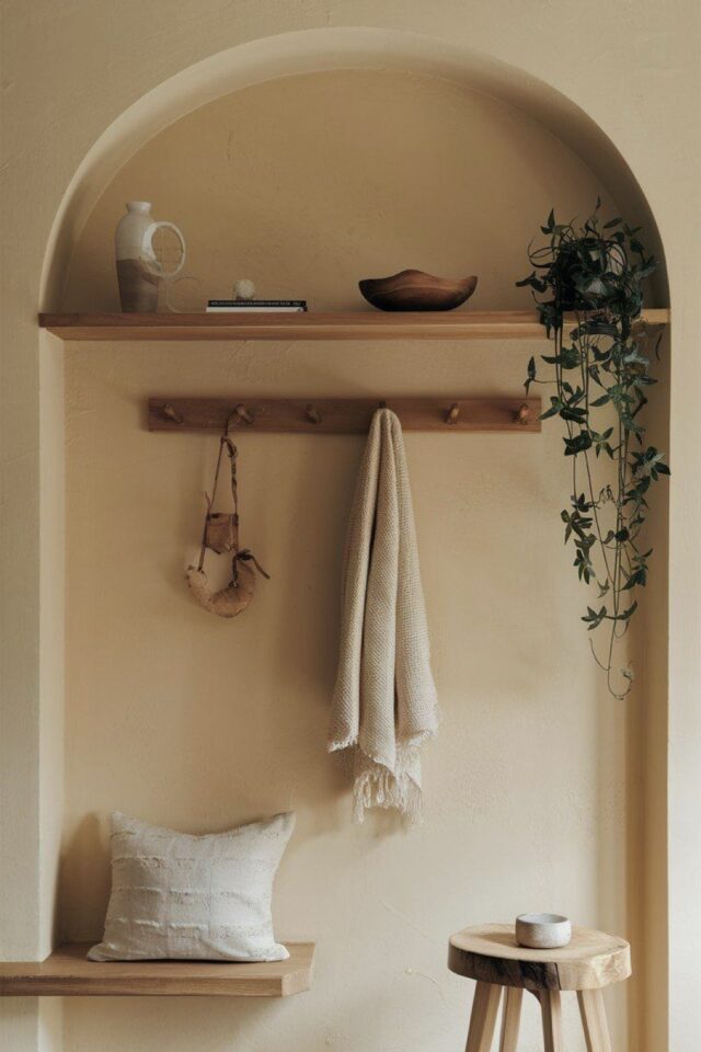 entrée déco minimaliste et chaleureuse porte-manteau en bois mural banc plante entrée déco minimaliste et chaleureuse porte-manteau en bois mural banc plante