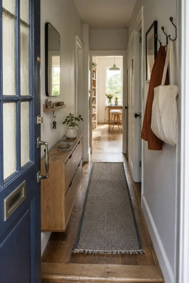 couloir d'entrée chaleureux tapis étroit meuble à chaussures bois porte manteau mural couloir d'entrée chaleureux tapis étroit meuble à chaussures bois porte manteau mural