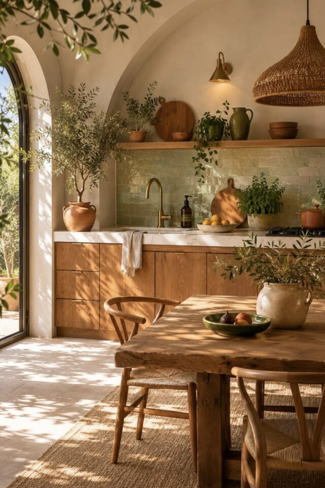 cuisine ambiance chaleureuse avec table de repas en bois torchon beige suspension rotin cuisine ambiance chaleureuse avec table de repas en bois torchon beige suspension rotin
