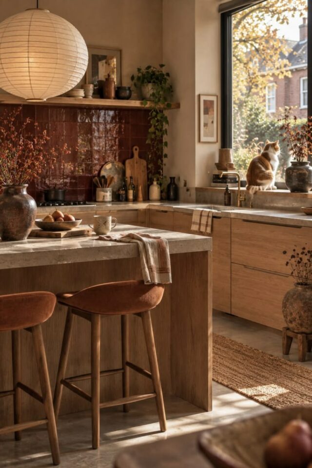 cuisine avec îlot central ambiance chaleureuse meuble en bois tabouret de bard velours cuisine avec îlot central ambiance chaleureuse meuble en bois tabouret de bard velours