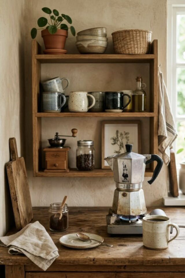 coin café cuisine chaleureuse meuble mural en bois cafetière italienne tasses et mugs en céramique coin café cuisine chaleureuse meuble mural en bois cafetière italienne tasses et mugs en céramique