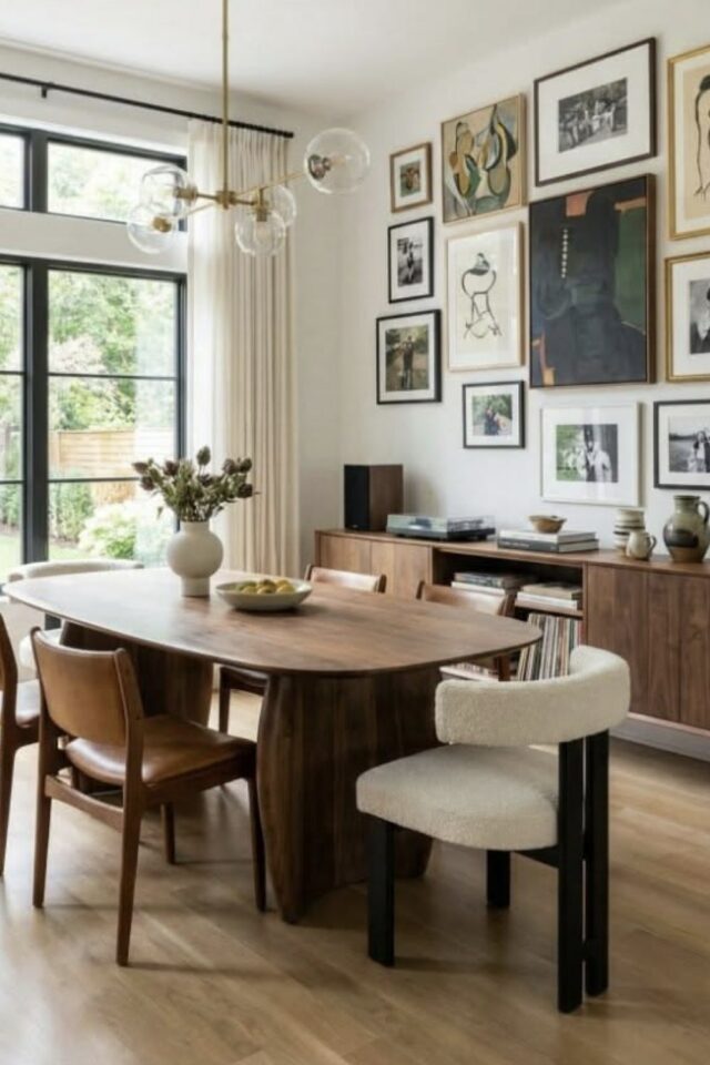 salle à manger mur blanc table ovale en bois sombre design fauteuil bouclette galerie de cadres au mur ambiance chaleureuse salle à manger mur blanc table ovale en bois sombre design fauteuil bouclette galerie de cadres au mur ambiance chaleureuse