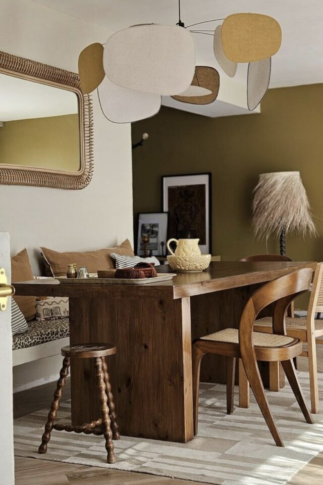 décoration salle à manger banquette table en bous avec mur accent vert tapis beige coussin décoration salle à manger banquette table en bous avec mur accent vert tapis beige coussin