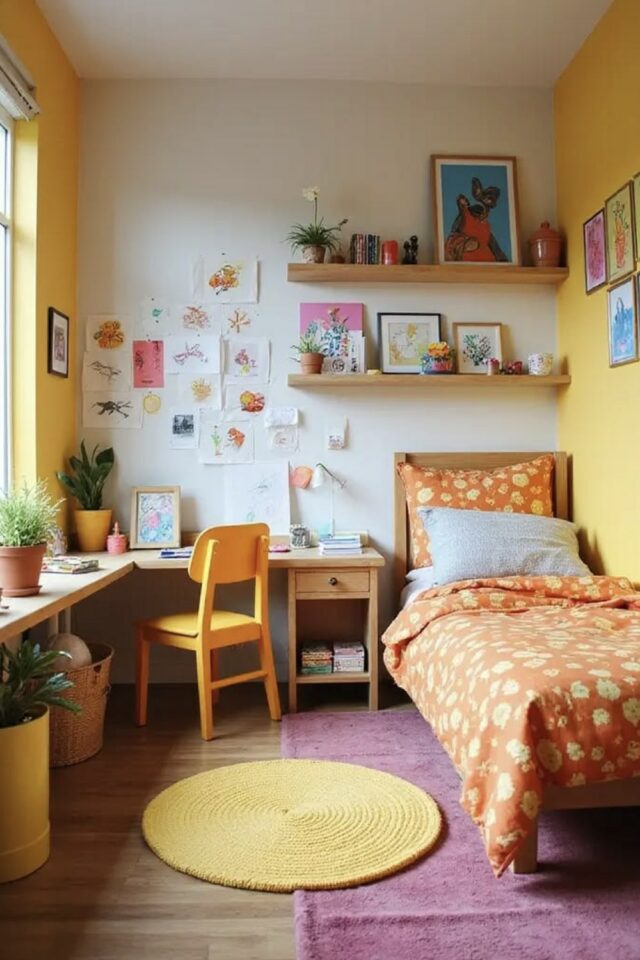 petite chambre d'enfant en longueur mur jaune et blanc linge de lit orange à motifs tapis coloré petite chambre d'enfant en longueur mur jaune et blanc linge de lit orange à motifs tapis coloré