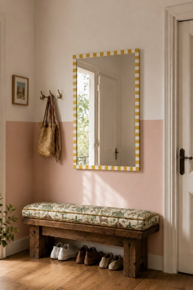 miroir rectangulaire simple customisé avec de la peinture rayures jaune et blanche idée facile à copier 