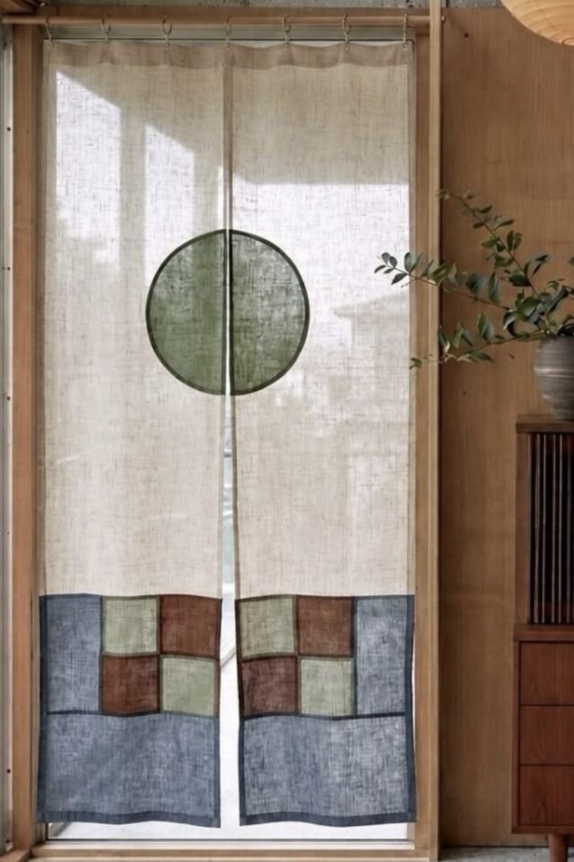 Noren japonais en patchwork inspiration DIY à copier ambiance asiatique motif géométriques bleu vert et marron sur fond blanc 