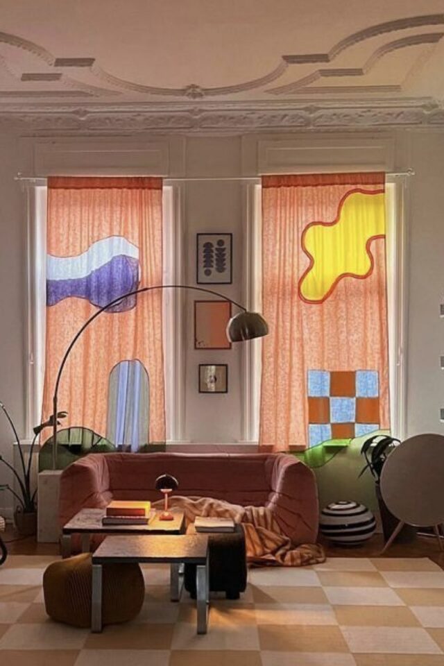 rideau à faire soi-même patchwork moderne corail avec forme organique colorée jaune bleu vert 