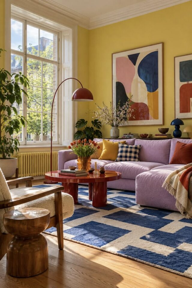 salon moderne et coloré tendance 2027 mur jaune beurre canapé parle tapis bleu et blanc dopamine décor salon moderne et coloré tendance 2027 mur jaune beurre canapé parle tapis bleu et blanc dopamine décor