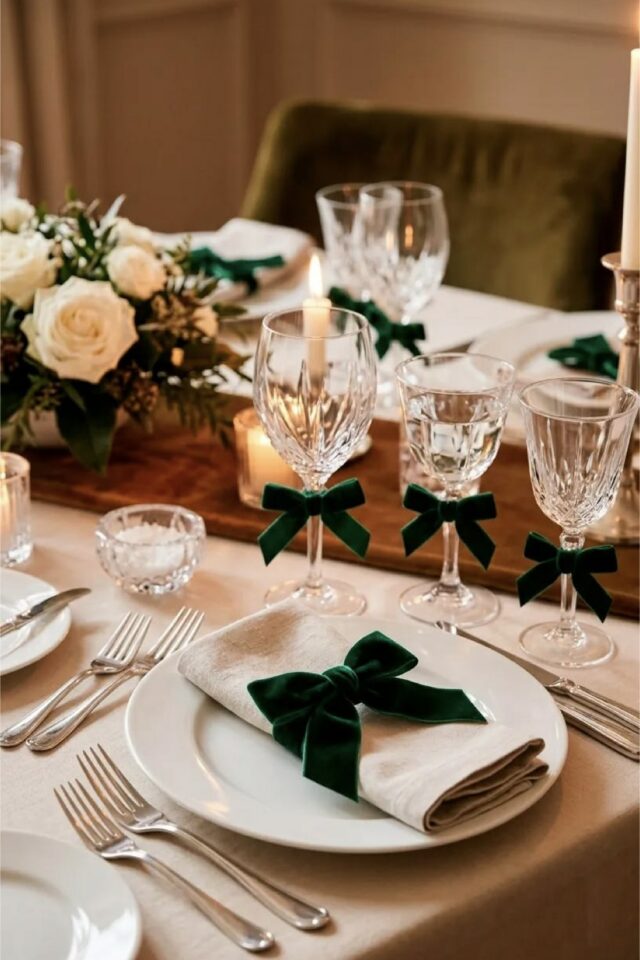 petits noeuds en velours vert pour personnaliser les verres à pied sur la table de Noël 
