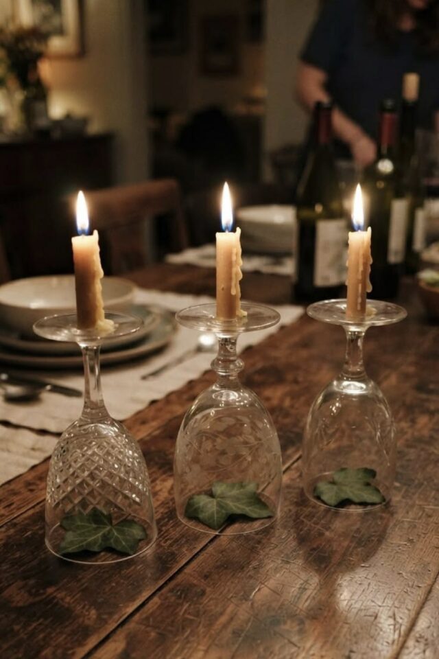 verre à pied retourné pour servir de bougeoir décoration de table de noël 