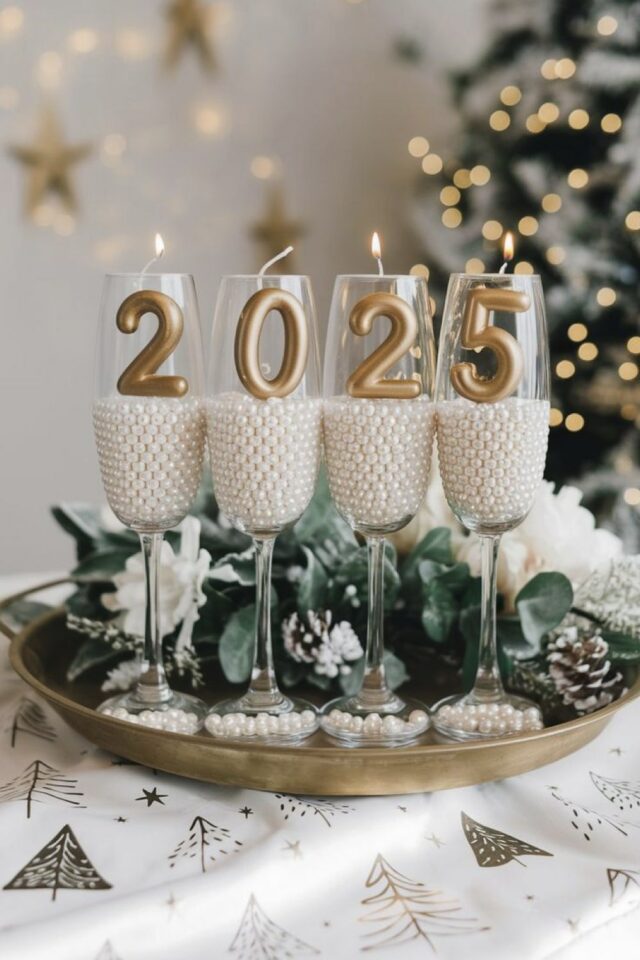 centre de table noël nouvel an avec verre à pied perles nacrée feuilles d'eucalyptus et pomme de pin dans un plateau doré 
